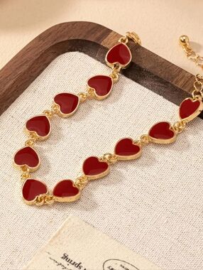 ​18K Gold Red Heart Link Bracelet Boutique Jewelry New